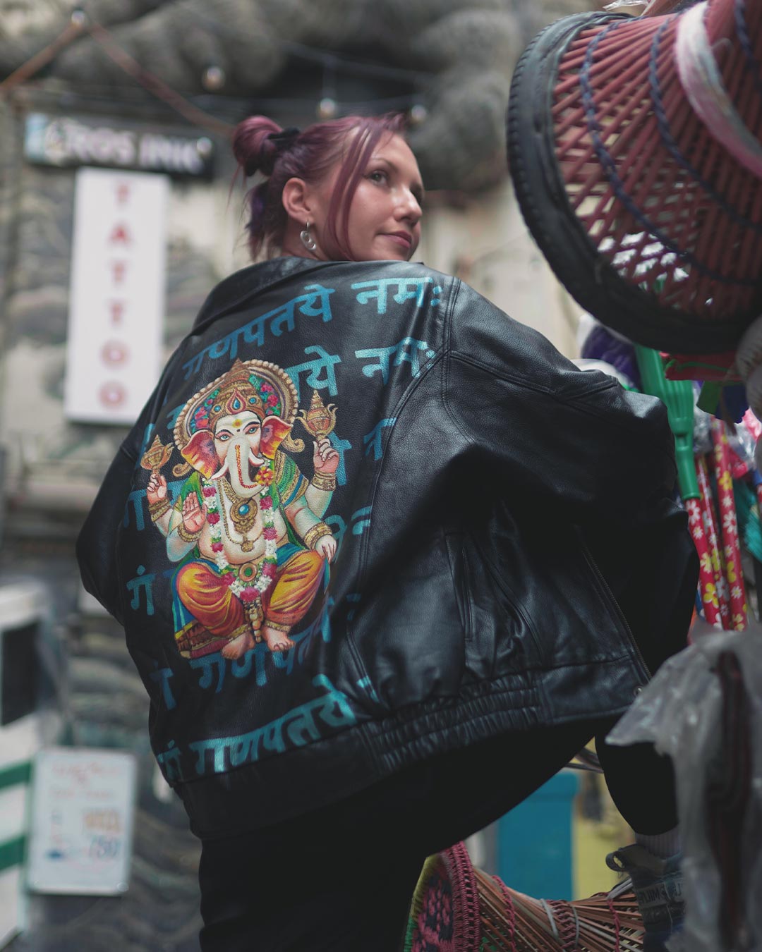 Hand-Painted Ganesha Leather Jacket