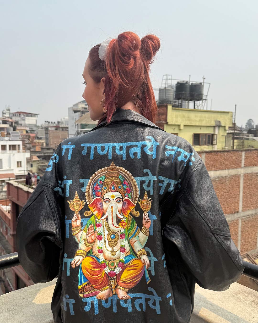 Hand-Painted Ganesha Leather Jacket