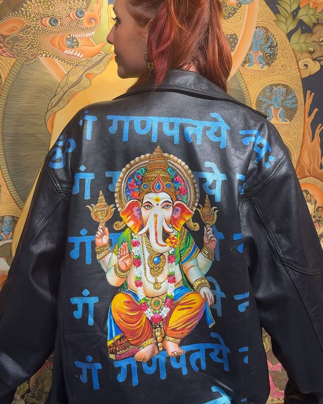 Hand-Painted Ganesha Leather Jacket