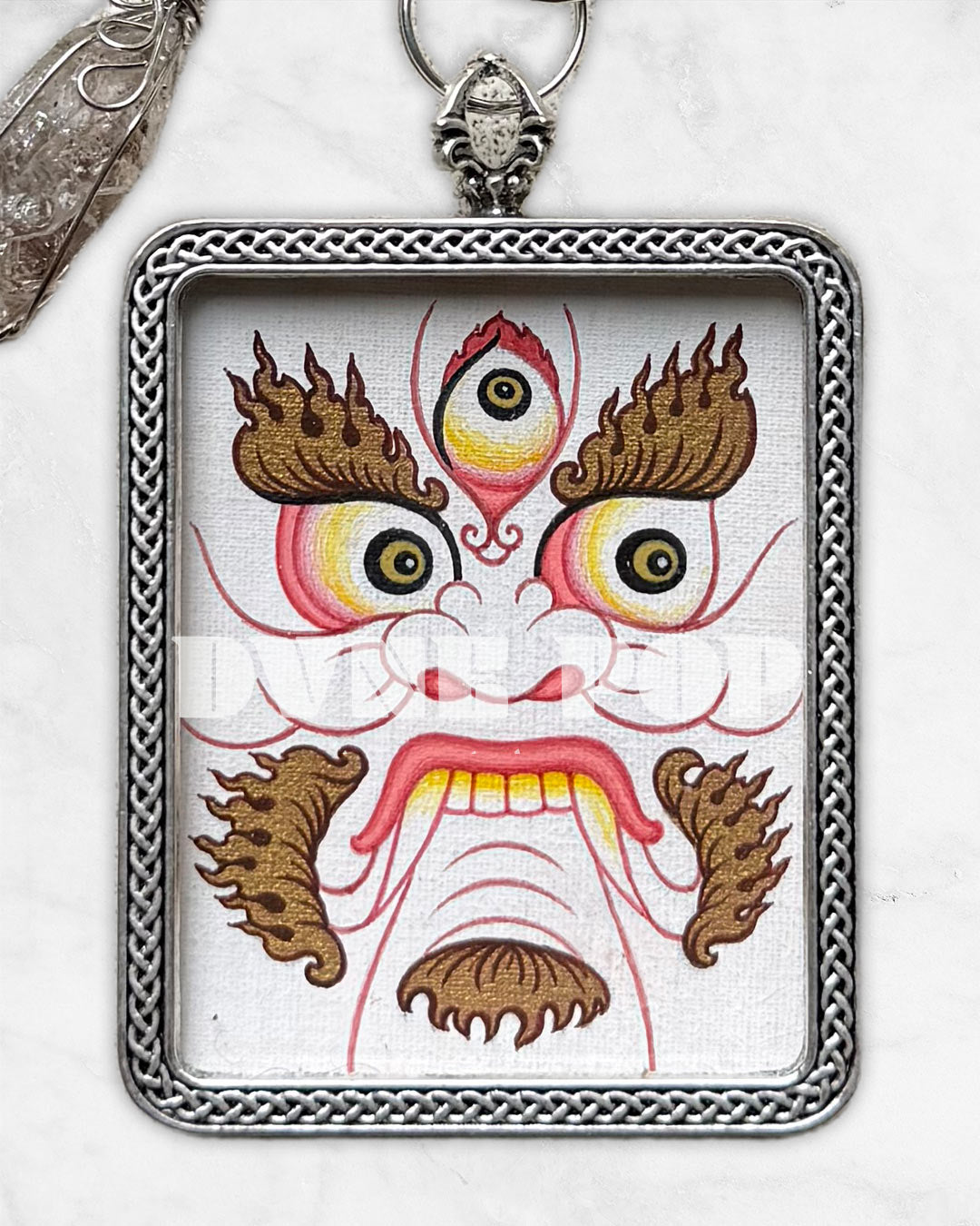 Weißer Mahkala - Mini-Thangka Anhänger / Taschenanhänger