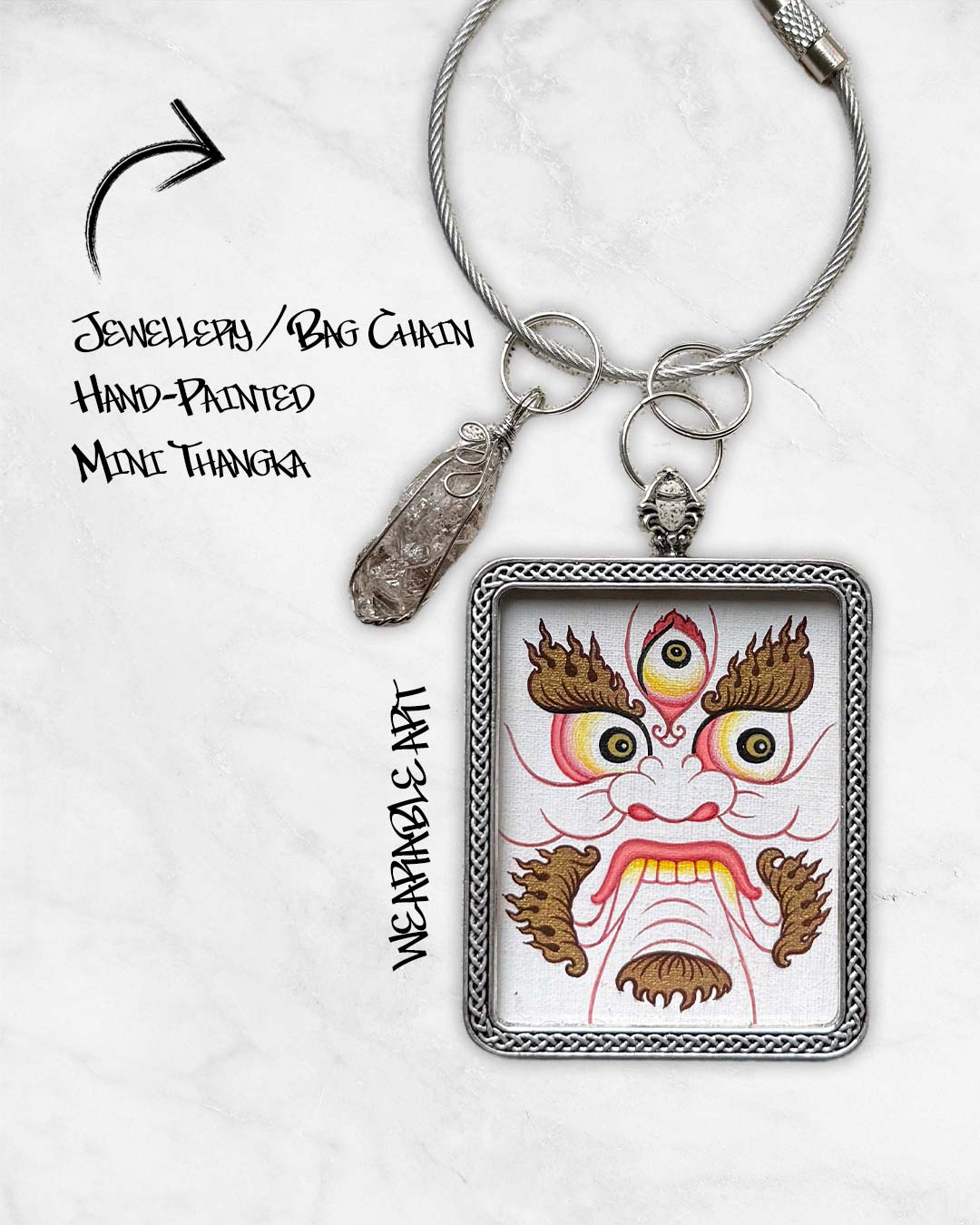 Weißer Mahkala - Mini-Thangka Anhänger / Taschenanhänger